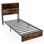 Struttura letto a piattaforma in metallo marrone rustico con contenitore e stazione di ricarica, singolo/matrimoniale/king size