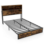 Struttura letto a piattaforma in metallo marrone rustico con contenitore e stazione di ricarica, singolo/matrimoniale/king size