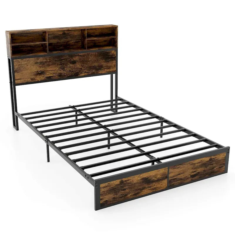 Struttura letto a piattaforma in metallo marrone rustico con contenitore e stazione di ricarica, singolo/matrimoniale/king size