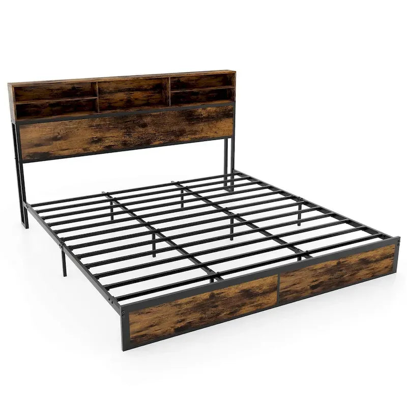 Struttura letto a piattaforma in metallo marrone rustico con contenitore e stazione di ricarica, singolo/matrimoniale/king size