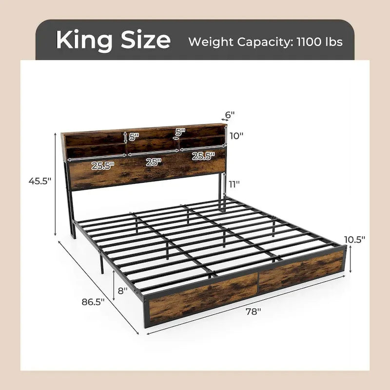 Struttura letto a piattaforma in metallo marrone rustico con contenitore e stazione di ricarica, singolo/matrimoniale/king size