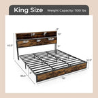 Struttura letto a piattaforma in metallo marrone rustico con contenitore e stazione di ricarica, singolo/matrimoniale/king size