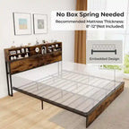 Struttura letto a piattaforma in metallo marrone rustico con contenitore e stazione di ricarica, singolo/matrimoniale/king size