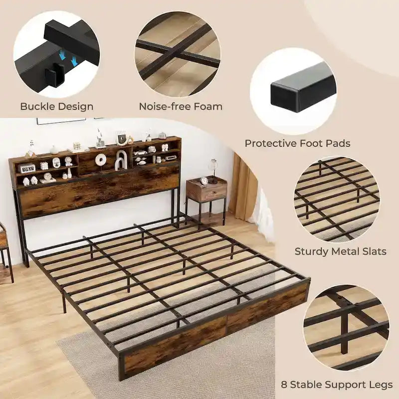 Struttura letto a piattaforma in metallo marrone rustico con contenitore e stazione di ricarica, singolo/matrimoniale/king size