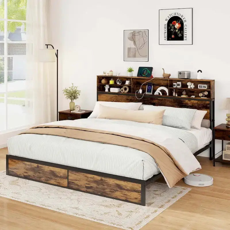 Struttura letto a piattaforma in metallo marrone rustico con contenitore e stazione di ricarica, singolo/matrimoniale/king size