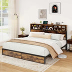 Struttura letto a piattaforma in metallo marrone rustico con contenitore e stazione di ricarica, singolo/matrimoniale/king size