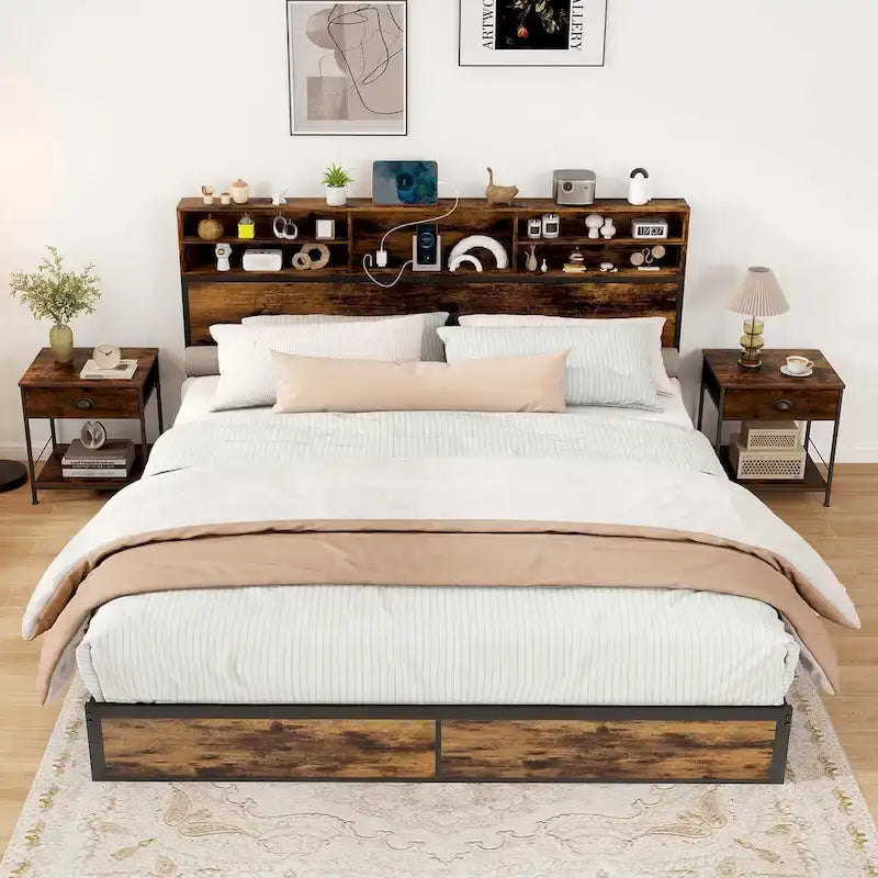 Struttura letto a piattaforma in metallo marrone rustico con contenitore e stazione di ricarica, singolo/matrimoniale/king size
