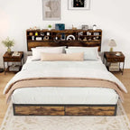 Struttura letto a piattaforma in metallo marrone rustico con contenitore e stazione di ricarica, singolo/matrimoniale/king size