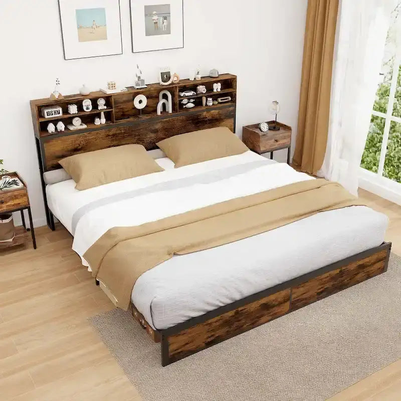 Struttura letto a piattaforma in metallo marrone rustico con contenitore e stazione di ricarica, singolo/matrimoniale/king size