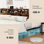 Struttura letto a piattaforma in metallo marrone rustico con contenitore e stazione di ricarica, singolo/matrimoniale/king size