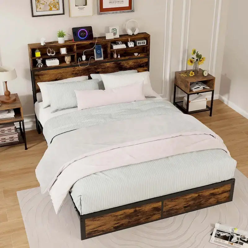 Struttura letto a piattaforma in metallo marrone rustico con contenitore e stazione di ricarica, singolo/matrimoniale/king size