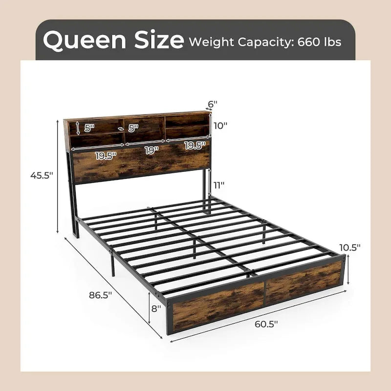 Struttura letto a piattaforma in metallo marrone rustico con contenitore e stazione di ricarica, singolo/matrimoniale/king size