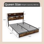 Struttura letto a piattaforma in metallo marrone rustico con contenitore e stazione di ricarica, singolo/matrimoniale/king size