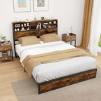 Struttura letto a piattaforma in metallo marrone rustico con contenitore e stazione di ricarica, singolo/matrimoniale/king size