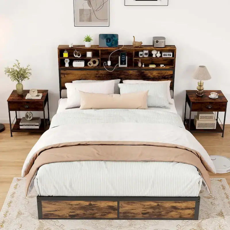 Struttura letto a piattaforma in metallo marrone rustico con contenitore e stazione di ricarica, singolo/matrimoniale/king size