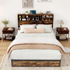 Struttura letto a piattaforma in metallo marrone rustico con contenitore e stazione di ricarica, singolo/matrimoniale/king size