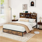 Struttura letto a piattaforma in metallo marrone rustico con contenitore e stazione di ricarica, singolo/matrimoniale/king size