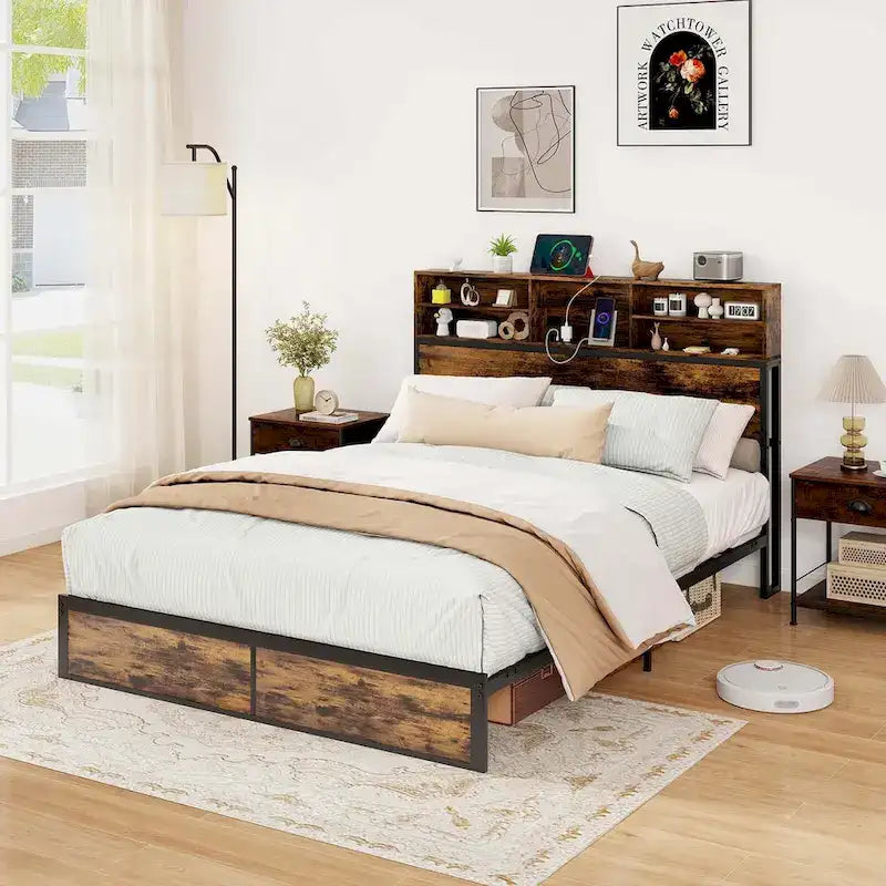 Struttura letto a piattaforma in metallo marrone rustico con contenitore e stazione di ricarica, singolo/matrimoniale/king size