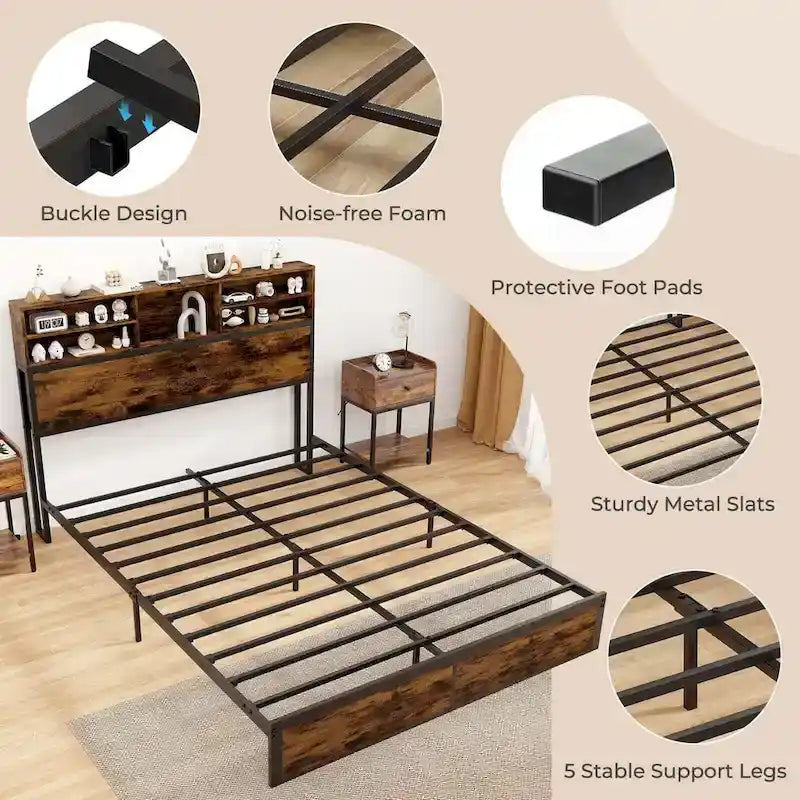Struttura letto a piattaforma in metallo marrone rustico con contenitore e stazione di ricarica, singolo/matrimoniale/king size