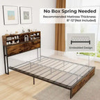 Struttura letto a piattaforma in metallo marrone rustico con contenitore e stazione di ricarica, singolo/matrimoniale/king size