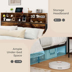 Struttura letto a piattaforma in metallo marrone rustico con contenitore e stazione di ricarica, singolo/matrimoniale/king size