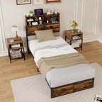 Struttura letto a piattaforma in metallo marrone rustico con contenitore e stazione di ricarica, singolo/matrimoniale/king size