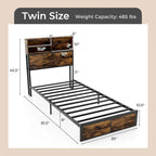 Struttura letto a piattaforma in metallo marrone rustico con contenitore e stazione di ricarica, singolo/matrimoniale/king size