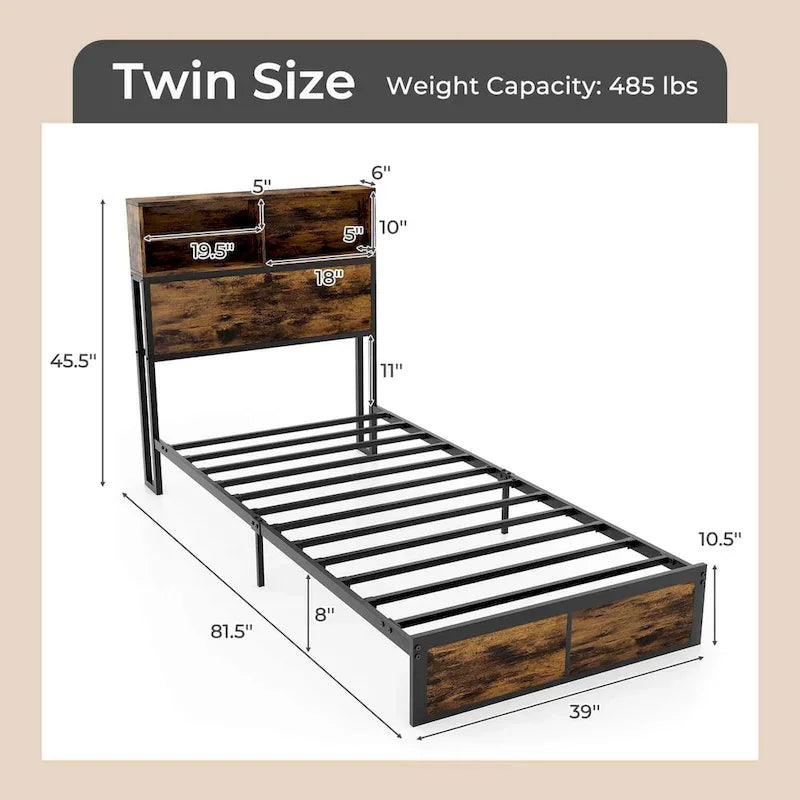 Struttura letto a piattaforma in metallo marrone rustico con contenitore e stazione di ricarica, singolo/matrimoniale/king size