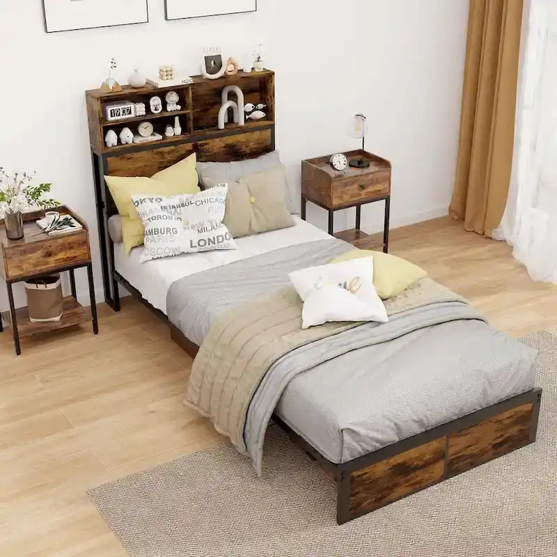 Struttura letto a piattaforma in metallo marrone rustico con contenitore e stazione di ricarica, singolo/matrimoniale/king size