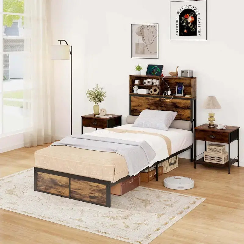 Struttura letto a piattaforma in metallo marrone rustico con contenitore e stazione di ricarica, singolo/matrimoniale/king size
