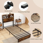 Struttura letto a piattaforma in metallo marrone rustico con contenitore e stazione di ricarica, singolo/matrimoniale/king size
