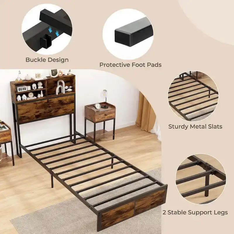 Struttura letto a piattaforma in metallo marrone rustico con contenitore e stazione di ricarica, singolo/matrimoniale/king size