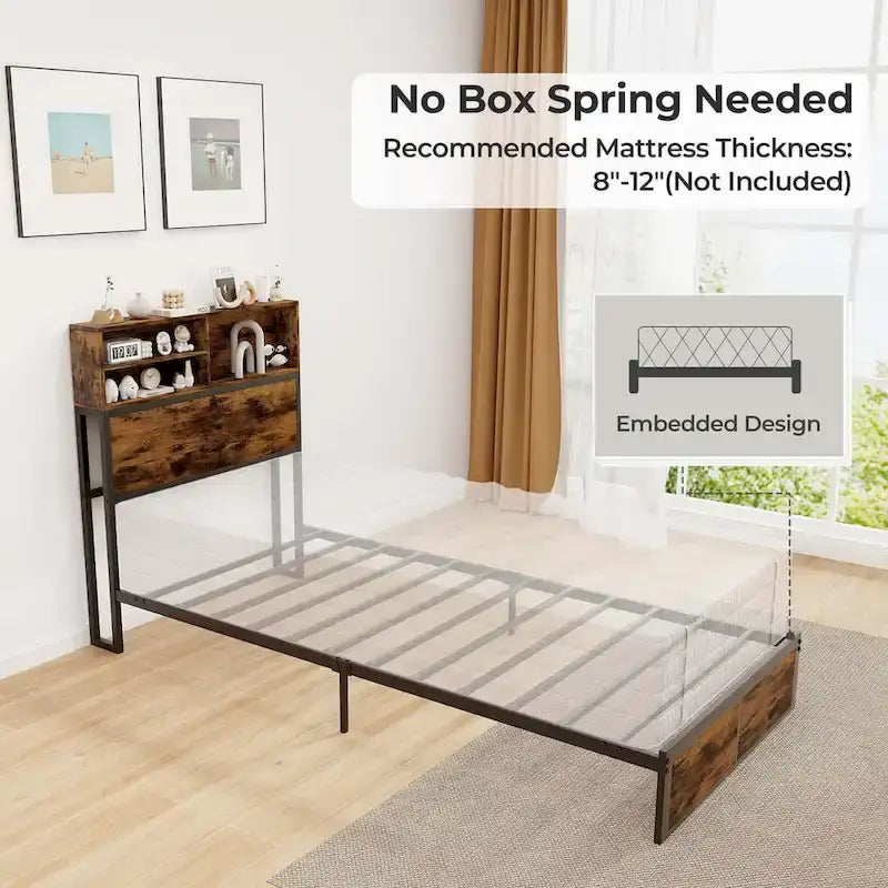 Struttura letto a piattaforma in metallo marrone rustico con contenitore e stazione di ricarica, singolo/matrimoniale/king size