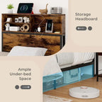 Struttura letto a piattaforma in metallo marrone rustico con contenitore e stazione di ricarica, singolo/matrimoniale/king size