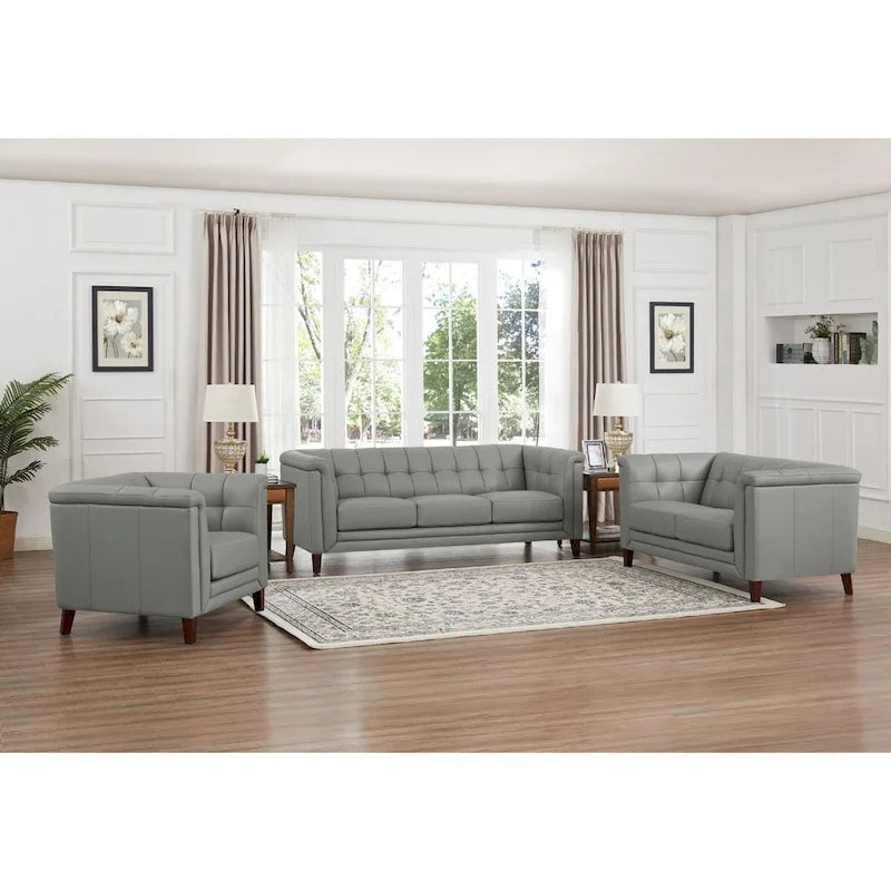 Set divano, divanetto e poltrona in pelle pieno fiore Hydeline Arvo con piume, memory foam e molle