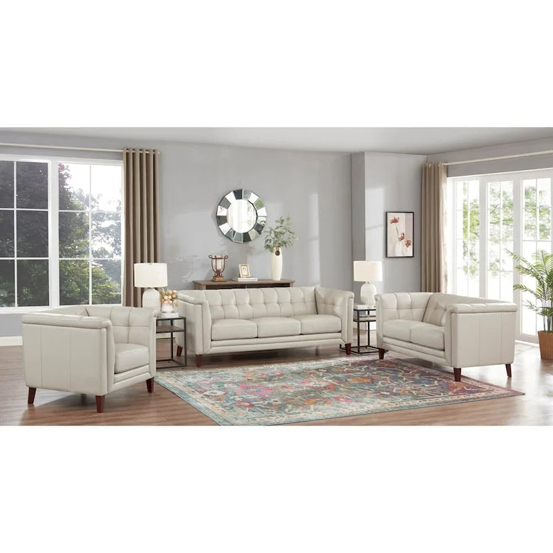 Set divano, divanetto e poltrona in pelle pieno fiore Hydeline Arvo con piume, memory foam e molle