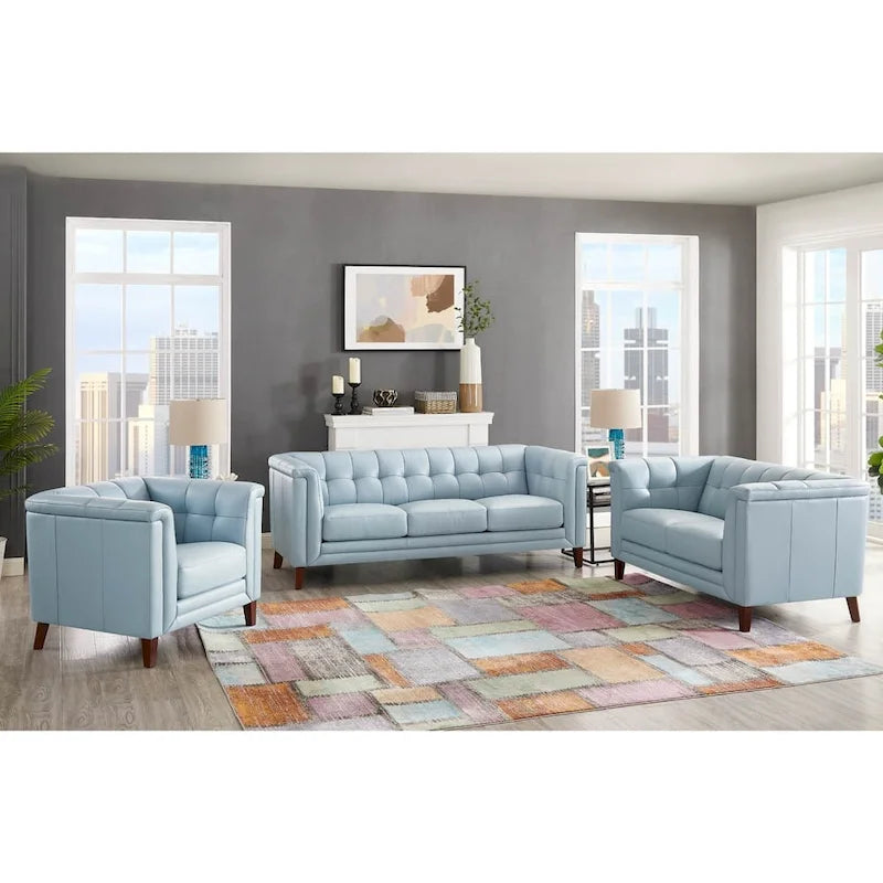 Set divano, divanetto e poltrona in pelle pieno fiore Hydeline Arvo con piume, memory foam e molle