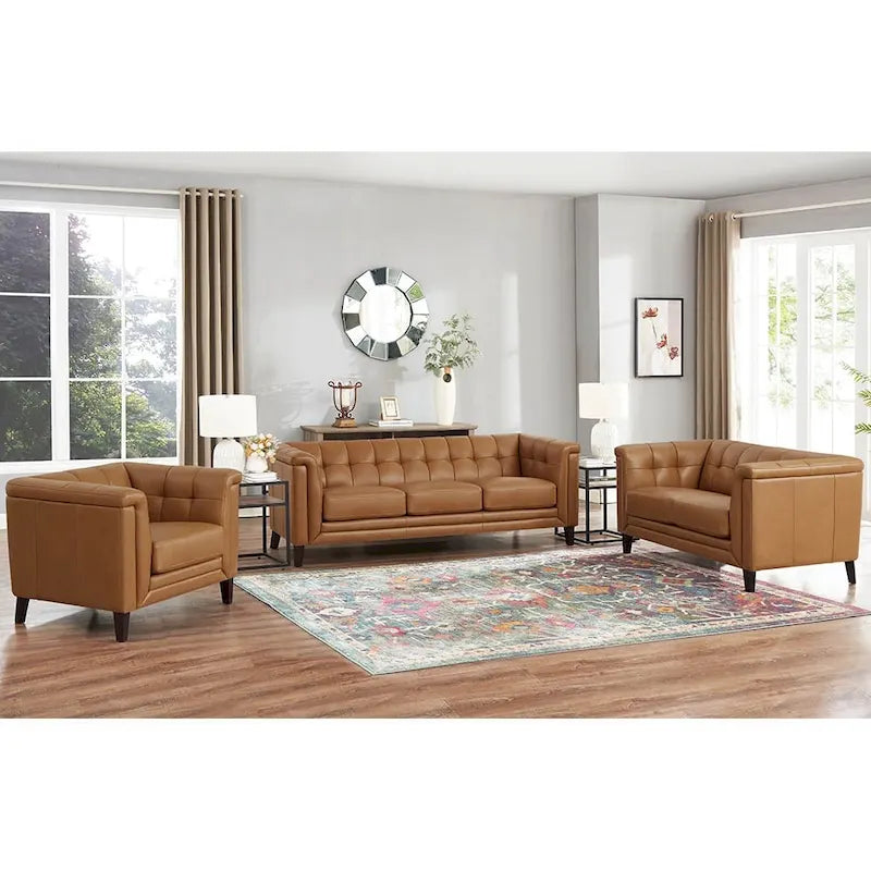 Set divano, divanetto e poltrona in pelle pieno fiore Hydeline Arvo con piume, memory foam e molle