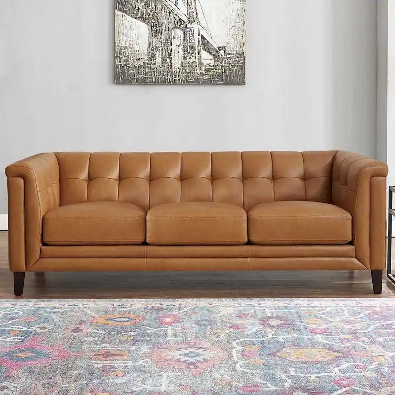 Set divano, divanetto e poltrona in pelle pieno fiore Hydeline Arvo con piume, memory foam e molle