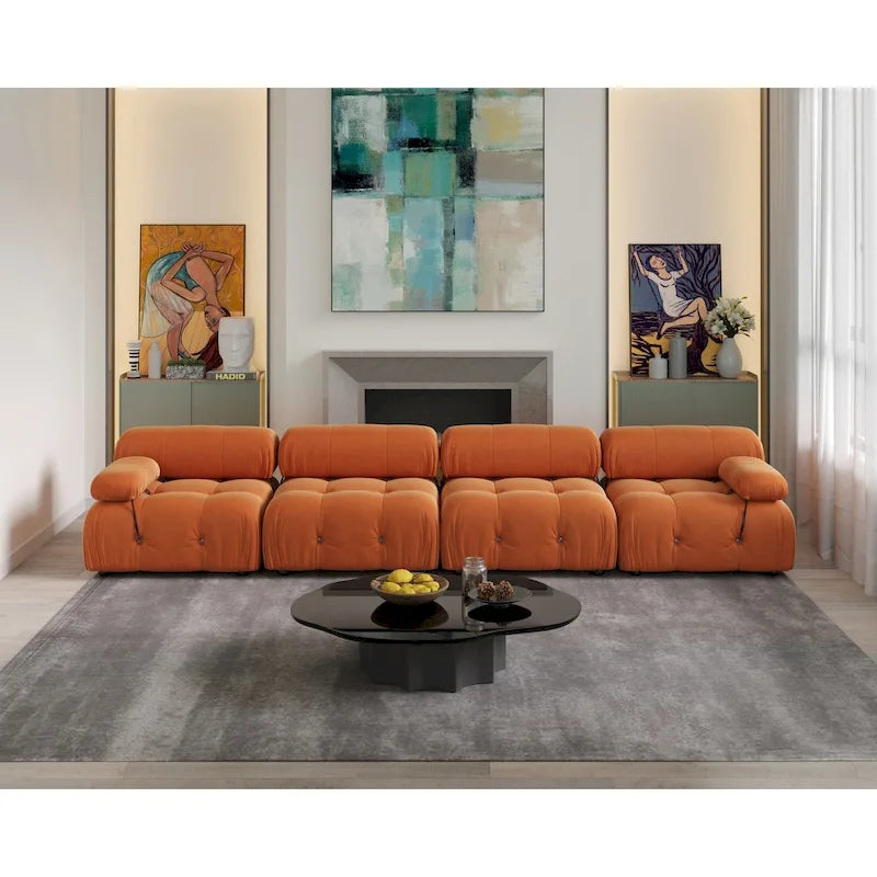 Divano componibile a L in velluto arancione/nero/verde/beige/blu, 4 posti con chaise longue