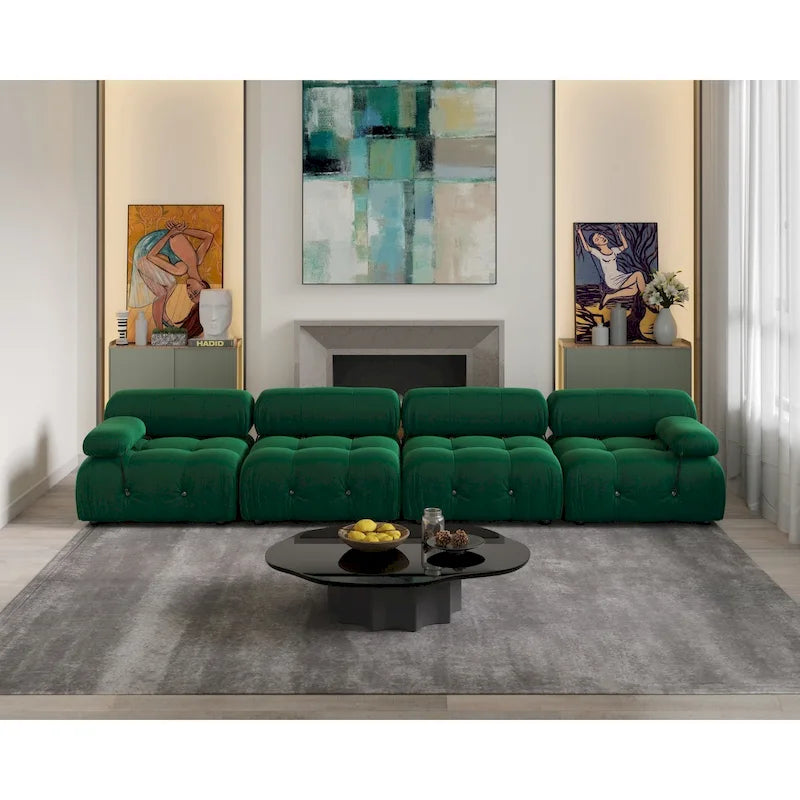 Divano componibile a L in velluto arancione/nero/verde/beige/blu, 4 posti con chaise longue