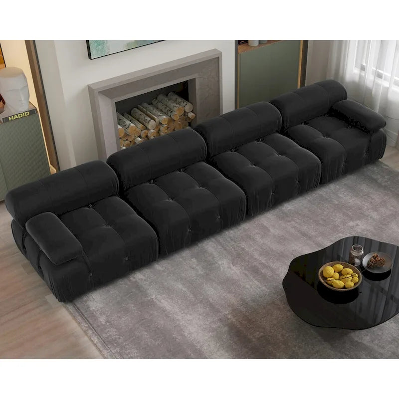 Divano componibile a L in velluto arancione/nero/verde/beige/blu, 4 posti con chaise longue