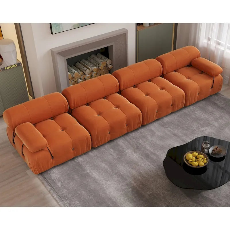 Divano componibile a L in velluto arancione/nero/verde/beige/blu, 4 posti con chaise longue
