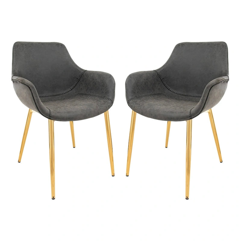 Sedia da pranzo con braccioli in similpelle nera carbone con gambe in ferro, set da 2
