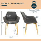 Sedia da pranzo con braccioli in similpelle nera carbone con gambe in ferro, set da 2