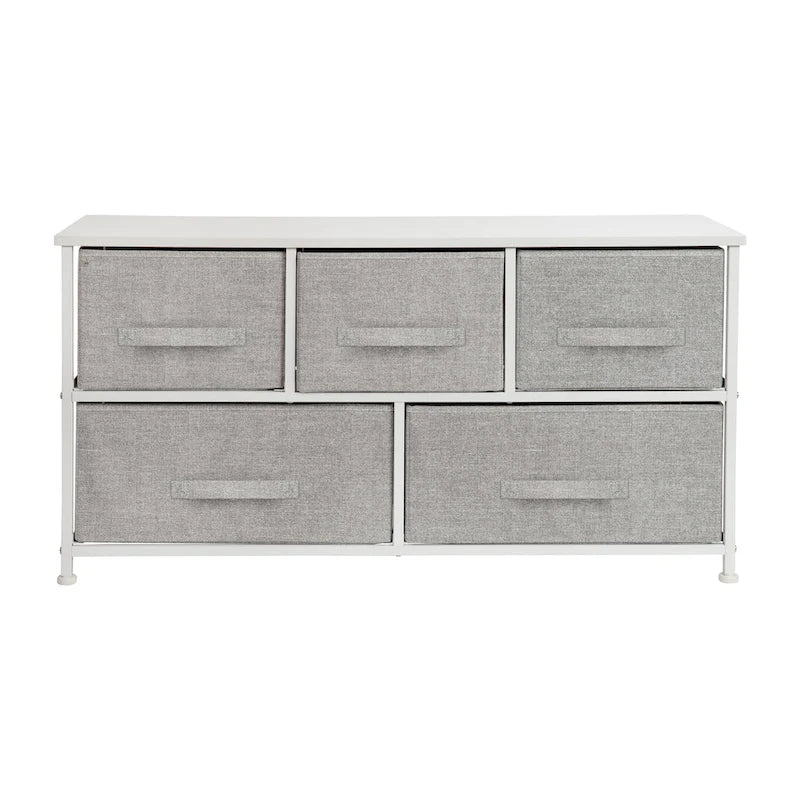 Comò con 5 cassetti, Bianco/Grigio e Nero/Grigio, Cassetti in tessuto, Montaggio per 1 persona