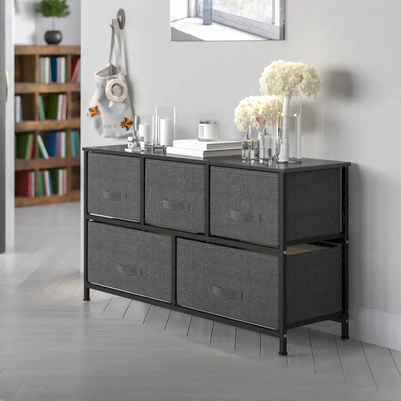 Comò con 5 cassetti, Bianco/Grigio e Nero/Grigio, Cassetti in tessuto, Montaggio per 1 persona