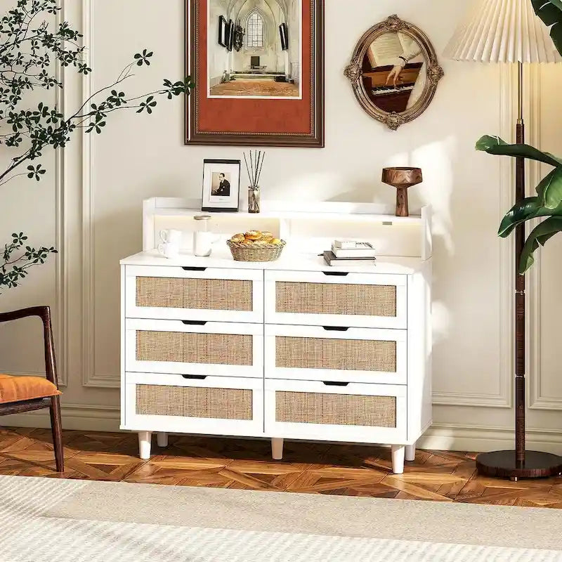 Cassettiera 6 cassetti in Rattan Naturale/Bianco/Nero con LED e Presa di Corrente, Singola