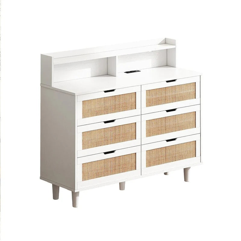 Cassettiera 6 cassetti in Rattan Naturale/Bianco/Nero con LED e Presa di Corrente, Singola