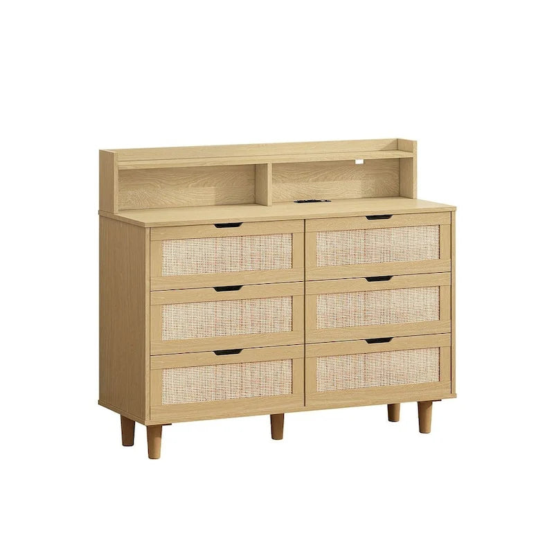 Cassettiera 6 cassetti in Rattan Naturale/Bianco/Nero con LED e Presa di Corrente, Singola